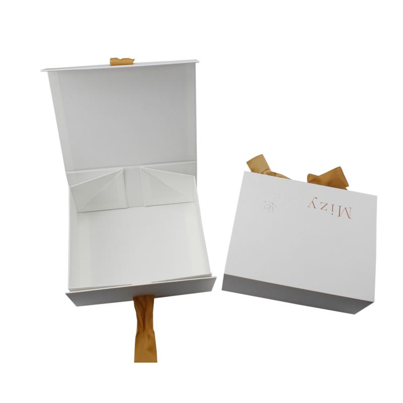 White Folding Lid Packaging Magnetic Boxes With Ribbon